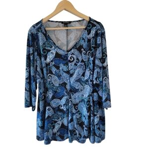 Roz & Ali Blue Pasiley Jersey Knit Stretchy Casual Top Sz 2X Cottagecore Casual